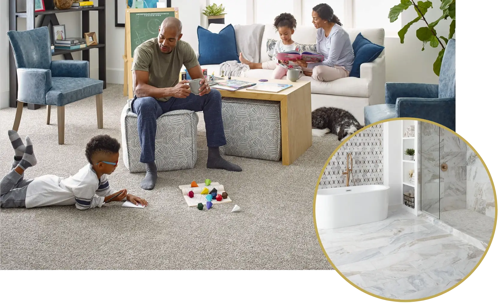 family gathered in living room with carpet; inset of tiled bathroom
